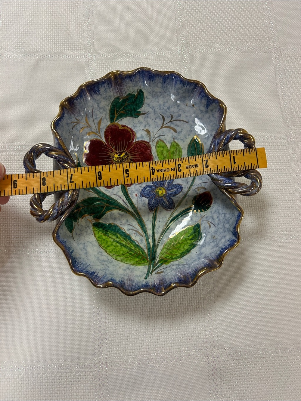 Vintage Glazed Terra-Cotta Hand painted Floral Scalloped Edge Catch-All Dish image 7